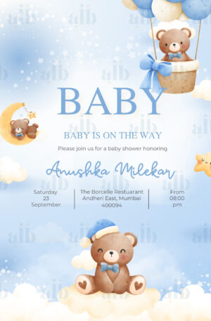 Baby Shower Invitation Blue with bears in hot air balloon Design no 5