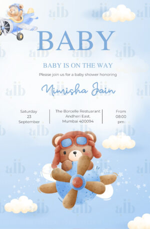 Baby Shower Invitation Blue with bear in helicopter Design no 6