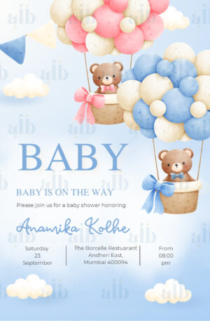 Baby Shower Invitation Blue with bears in hot air balloons pink and blue Design no 7